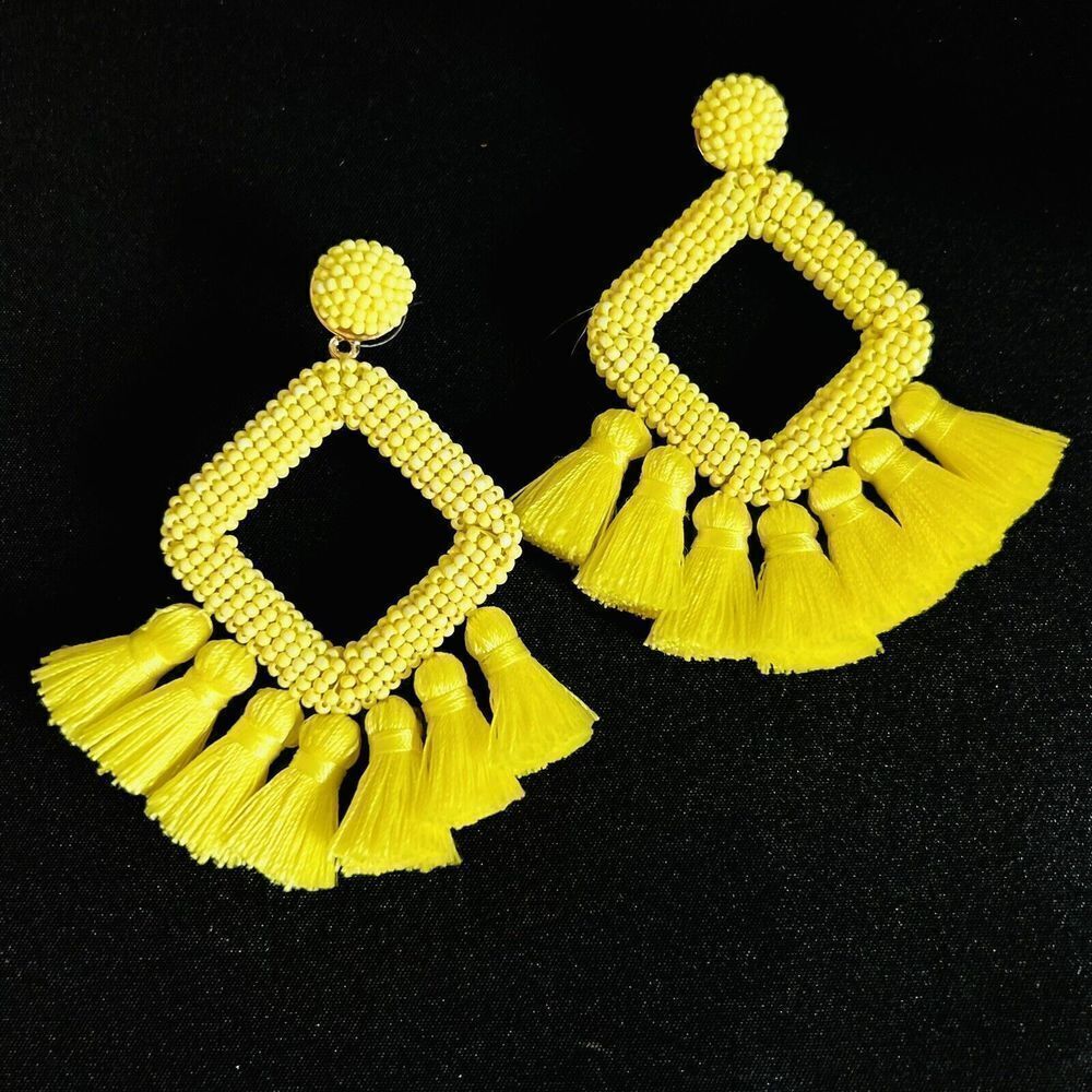 Baublebar Huge Earrings Yellow Seed Bead Statement Fringe Tassel Dangle 4059